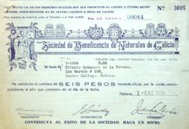 Recibo do pago da cota do Círculo Habanero de La Devesa como socio da Beneficencia de Naturales d...
