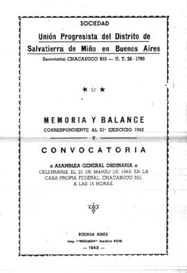 Memoria y Balance correspondiente al  21º ejercicio, 1942