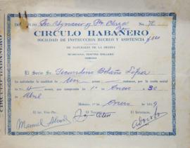 Modelos de recibos do pago da cota social para os socios do Círculo Habanero de la Devesa na Habana