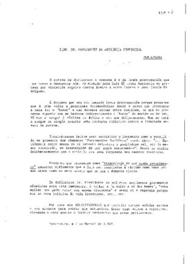 Carta ao Presidente da Audiencia Nacional [e fragmento de sentencia absolutoria por violación]