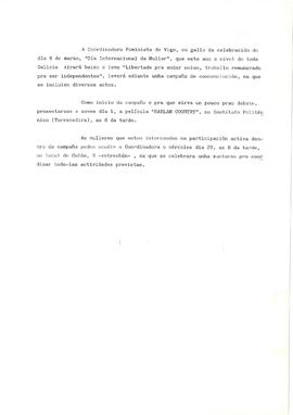 A Coordinadora Feminista de Vigo [á prensa: 8 de marzo libertade pra andar soias, traballo remunerado pra se independentes]